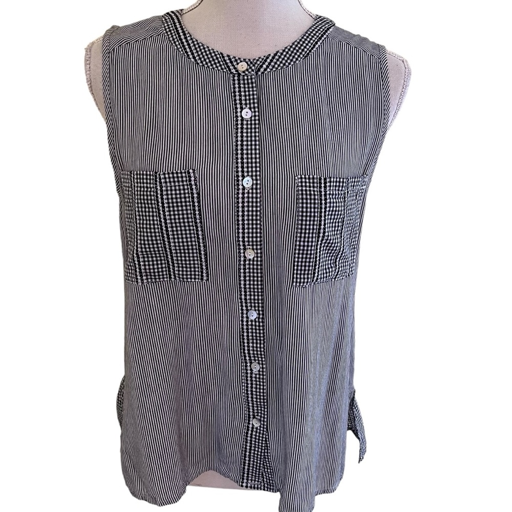 Hazel Black/White Stripe/Gingham Sleeveless Blouse with Back Ruffle M